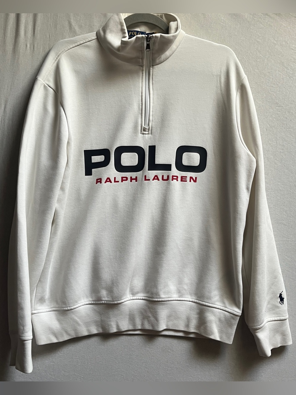 Polo Ralph Lauren Mens Medium White Cotton Knit Quarter Zip Pullover Sweater Log